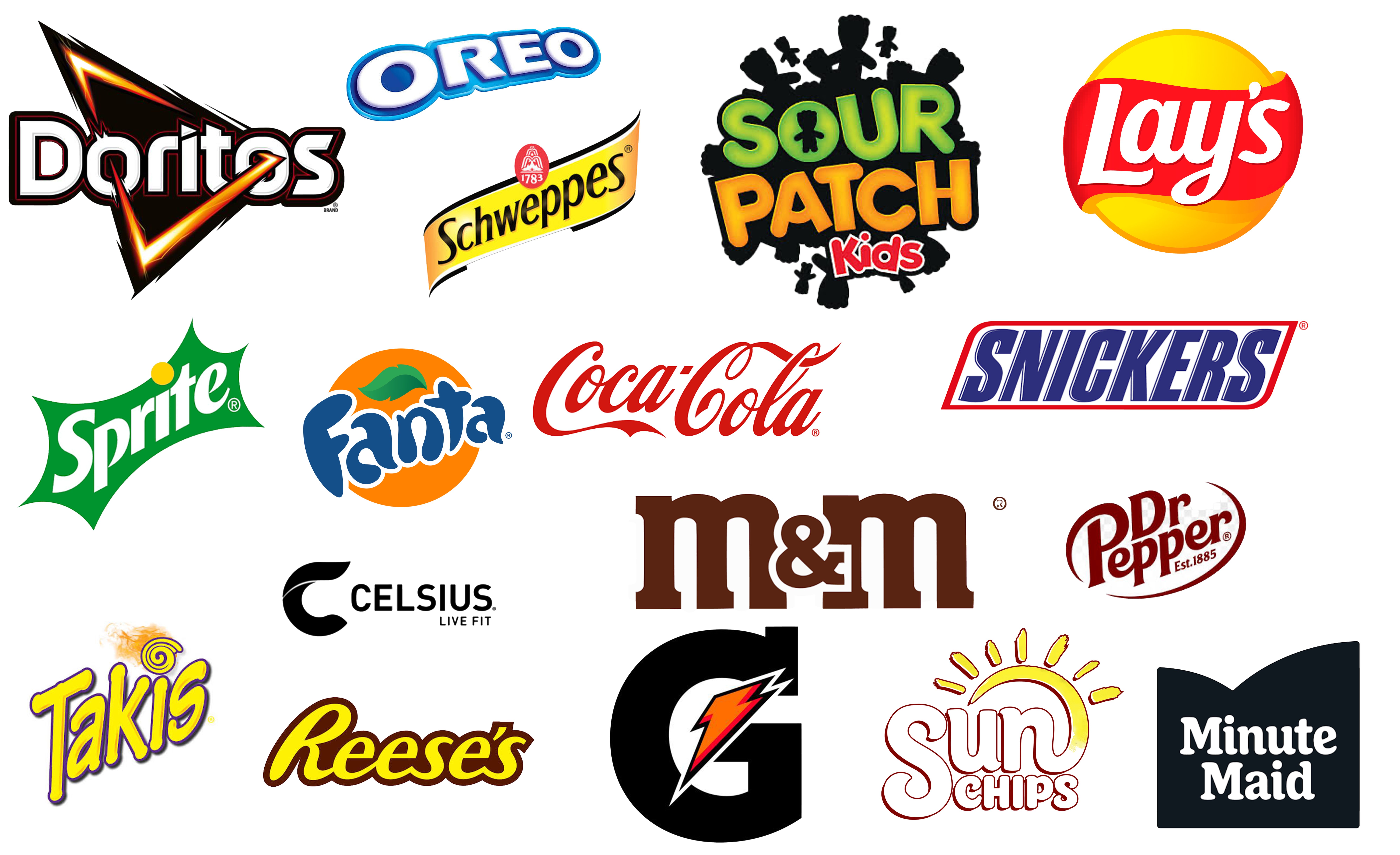 Brand logos including Doritos, Gatorade, Lays, Schweppes, Snickers, Celsius, M&Ms